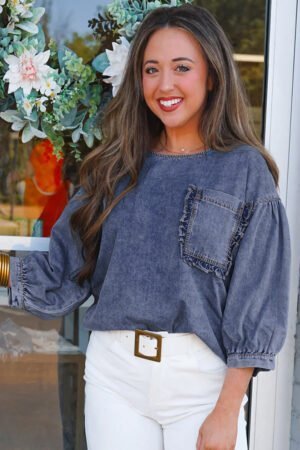 Sky Blue 3/4 Sleeve Ruffled Patched Pocket Denim Blouse - Image 2