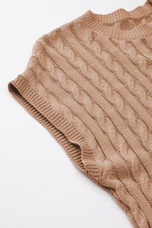 Light French Beige Crew Neck Cable Knit Short Sleeve Sweater - Image 7