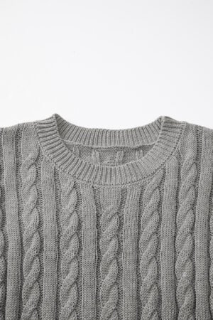 Gray Crew Neck Cable Knit Short Sleeve Sweater - Image 8