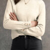 White Buttoned Bishop Sleeve Crew Neck Sweater