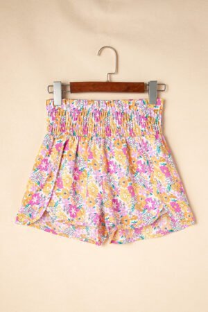 Pink Boho Floral Shirred High Waist Casual Shorts - Image 5