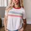 White Rainbow Stripe Print Contrast Crewneck T Shirt