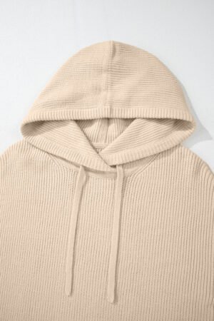Beige Solid Color Drawstring Hooded Drop Shoulder Pullover Sweater - Image 7