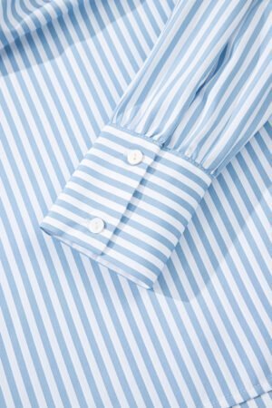 Sky Blue Stripe Shirred Detail Half Placket Collared Long Sleeve Fall Shirt - Image 7