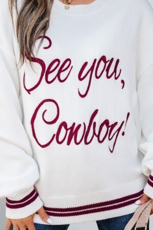 White See You Cowboy Embroidered Western Graphic Sweater - Image 10