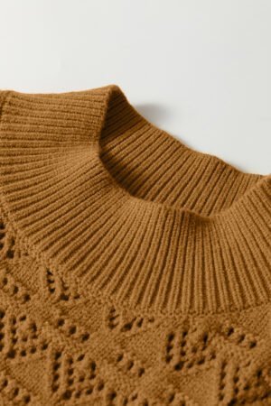 Jurassic Gold Hollow Out Crochet Ribbed Edge Balloon Sleeve Sweater - Image 7