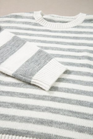 Gray Stripe Drop Shoulder Crew Neck Sweater - Image 7