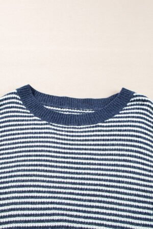 Sail Blue Striped Lantern Sleeve Drop Shoulder Cozy Sweater - Image 6