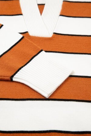 Brown Stripe Ribbed Polo Collar Drop Shoulder Sweater - Image 8
