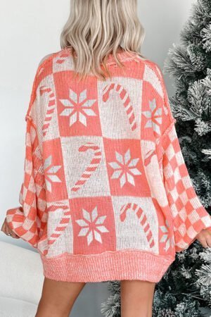 Pink Candycane Snowflake Checker Christmas Holiday Drop Shoulder Tunic Loose Sweater - Image 2