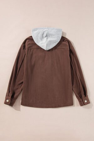 Coffee Hooded Drawstring Pockets Corduroy Shacket - Image 5