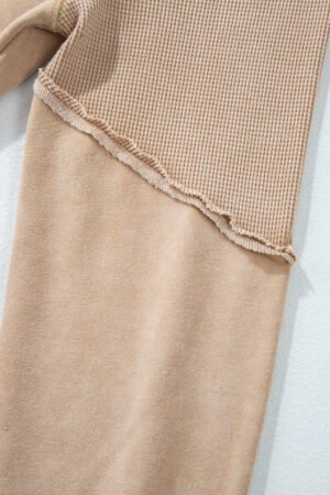 Light French Beige Solid Waffle Knit Patchwork Raglan Sleeve Sweatshirt - Image 8
