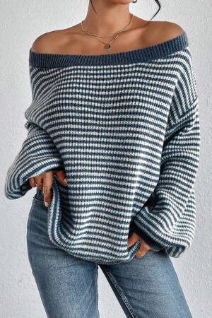 Sail Blue Striped Lantern Sleeve Drop Shoulder Cozy Sweater - Image 2