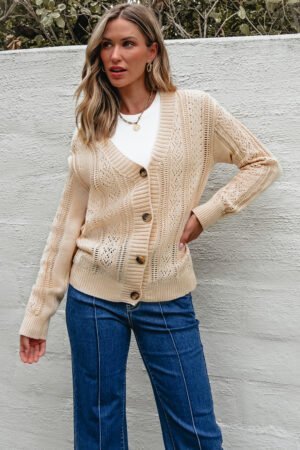 Beige Open Knit Drop Shoulder Sweater Cardigan - Image 3