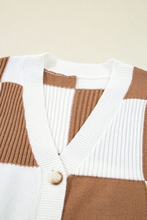 Khaki Checkered Pattern Ribbed Detail Button V Neck Sweater Cardigan - Image 6
