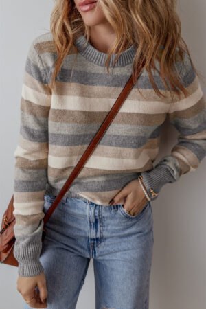 Gray Stripe Color Block Ribbed Edge Round Neck Sweater - Image 3