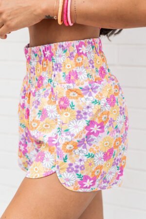 Pink Boho Floral Shirred High Waist Casual Shorts - Image 2