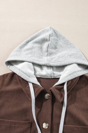 Coffee Hooded Drawstring Pockets Corduroy Shacket - Image 6