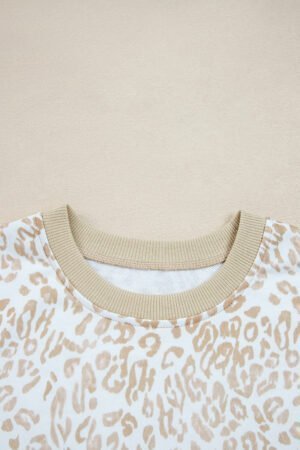 Khaki Leopard Ruffle Detail Ribbed Trim Round Neck Sweatshirt - Image 9