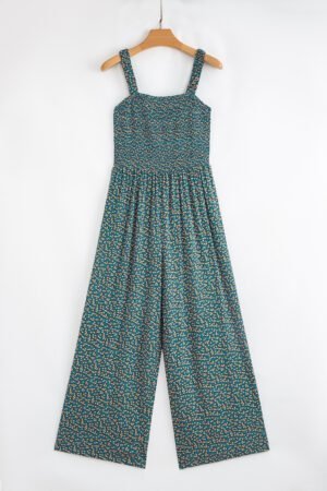Green Floral Print Smocked High Waist Square Neck Jumpsuit - Image 3
