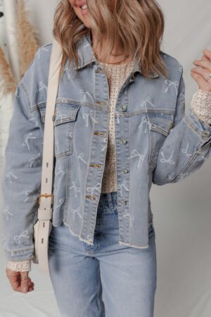 Sky Blue Bow Knot Print Light Wash Raw Hem Denim Jacket - Image 3