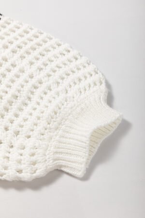 White Stripe Contrast Striped Crochet Puff Sleeve Sweater - Image 8