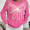 Sachet Pink Sweet Bow Decor Hollow Out Knitted Drop Shoulder Sweater