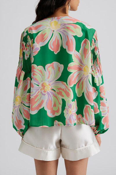 Green Floral Print Button up Pleated Puff Sleeve Loose Shirt