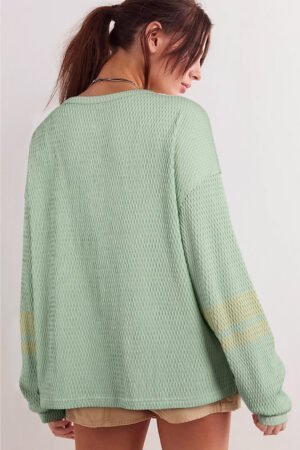 Meadow Mist Green Textured Knit Drop Shoulder Color Block Detail Long Sleeve Henley Top - Image 2