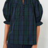 Green Stripe Plaid Puff Sleeve Frilled Trim Elegant Blouse