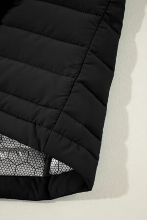 Black Plush Collared Quilted Zipped Puffer Vest - Image 7