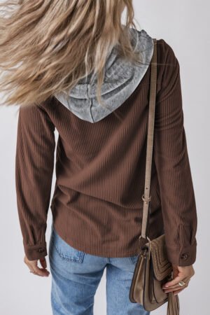 Alternative view of Coffee Hooded Drawstring Pockets Corduroy Shacket