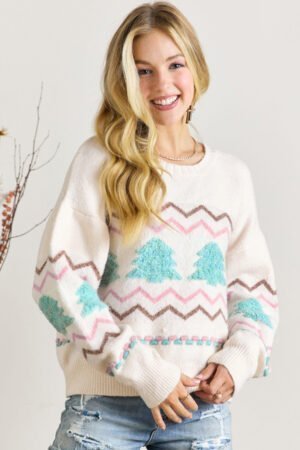 White Striped Christmas Tree Ribbed Trim Drop Shoulder Sweater - Image 6