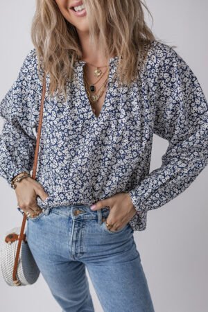 Blue Floral Print Notched V Neck Puff Sleeve Blouse - Image 5