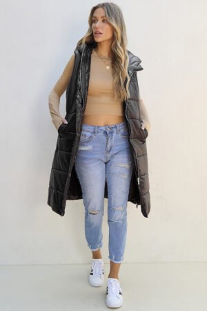 Black Hooded Long Quilted Vest Coat - Image 5