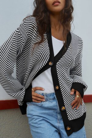White Stripe Buttoned Front V Neck Herringbone Cardigan - Image 2
