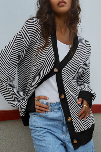 White Stripe Buttoned Front V Neck Herringbone Cardigan