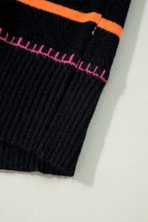 Black Colorful Striped Ribbed Trim Sweater - Image 8