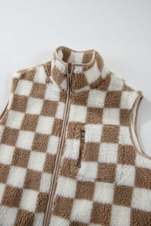 Khaki Checkered Sherpa Collared Jacket Vest - Image 6