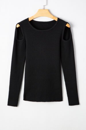 Black Ribbed Knit Cold Shoulder Sweater - Image 5