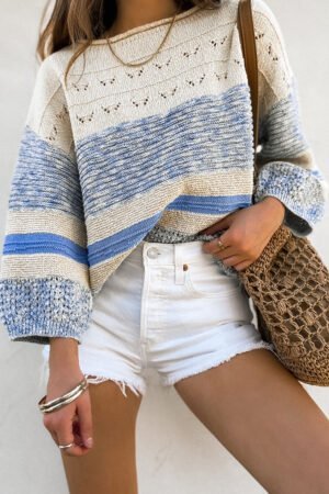 Light Blue Open Stitch Puff Sleeve Sweater - Image 2