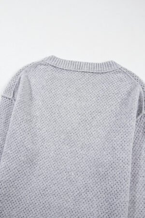 Light Grey Loose Eyelet V Neck Drop Shoulder Sweater - Image 6
