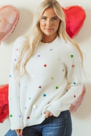 Beige Sequin Heart Shape Waffle Knit Round Neck Sweater - Image 2
