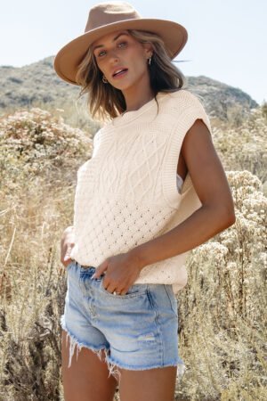Beige Cable Knit Dolman Armholes Sweater Tank - Image 4