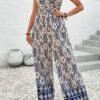 Blue Boho Geometric Print Shirred High Waist Wide Leg Jumpsuit