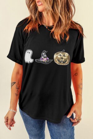 Black Halloween Sequin Pattern Patched Crewneck Tee - Image 5