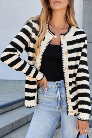 Black Stripe Chic Golden Button Cardigan Sweater - Image 2