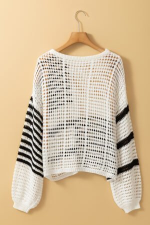 White Stripe Contrast Striped Crochet Puff Sleeve Sweater - Image 6