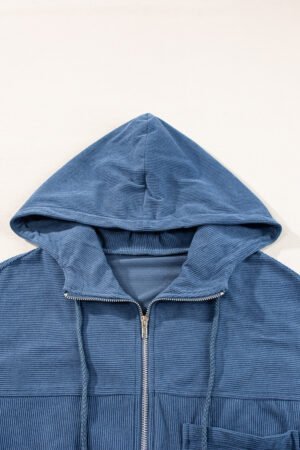 Real Teal Corduroy Drawstring Hooded Pocket Zip Up Jacket - Image 6