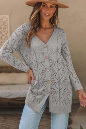 Gray Hollow-out Openwork Knit Cardigan - Image 3